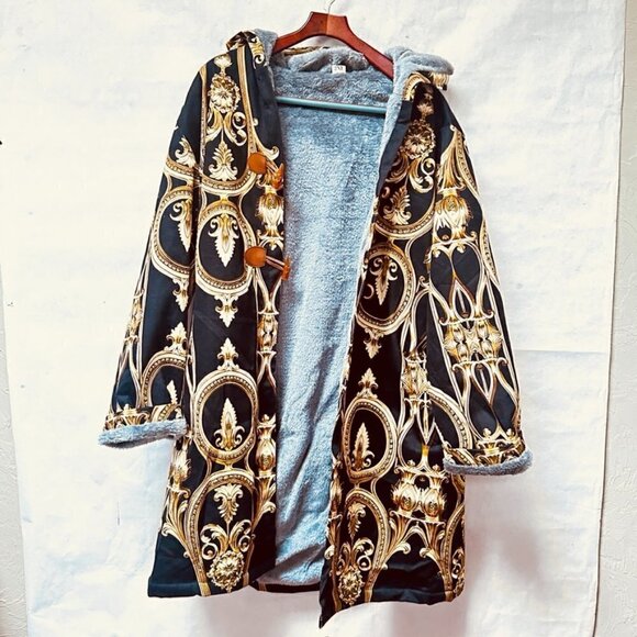Baroque Cotton Jacket Gold Black Hooded Size XL Rococo Couture Versailles Coat - Picture 10 of 10